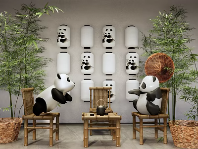 Exhibition Hall With Panda Dolls Bamboo Chairs And Panda Patterned Lanterns 3d model