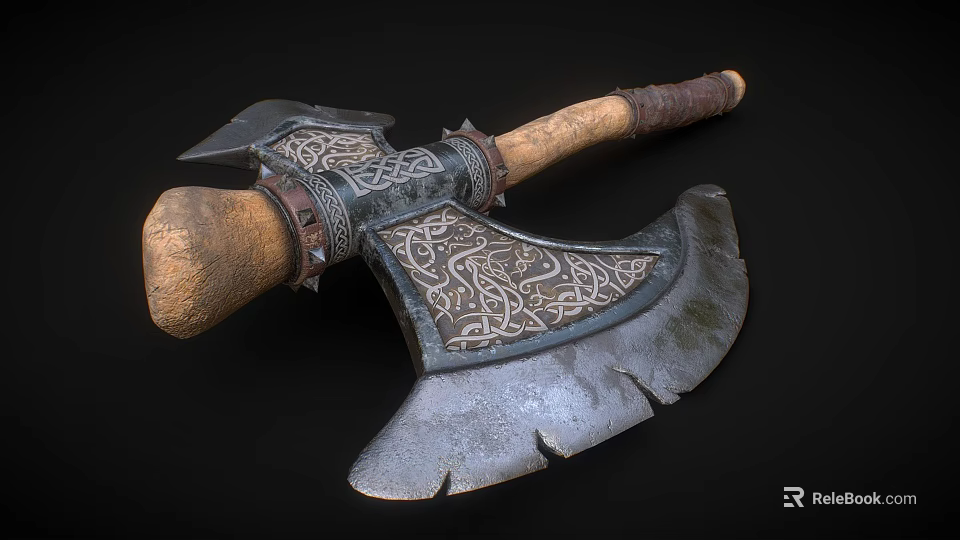 Ornate Medieval Style Axe With Carved Celtic Patterns And Wooden Leather Wrapped Handle 3d model