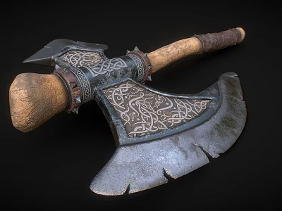 Ornate Medieval Style Axe With Carved Celtic Patterns And Wooden Leather Wrapped Handle 3d model