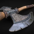 Ornate Medieval Style Axe With Carved Celtic Patterns And Wooden Leather Wrapped Handle 3d model