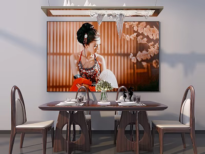 Round Wooden Dining Table Set With Chairs Oriental Artwork Tableware And Vase 3d model