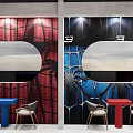 Vibrant SpiderMan Themed Restaurant Interior With Star Shaped Ceiling Lights And Spider Sculpture