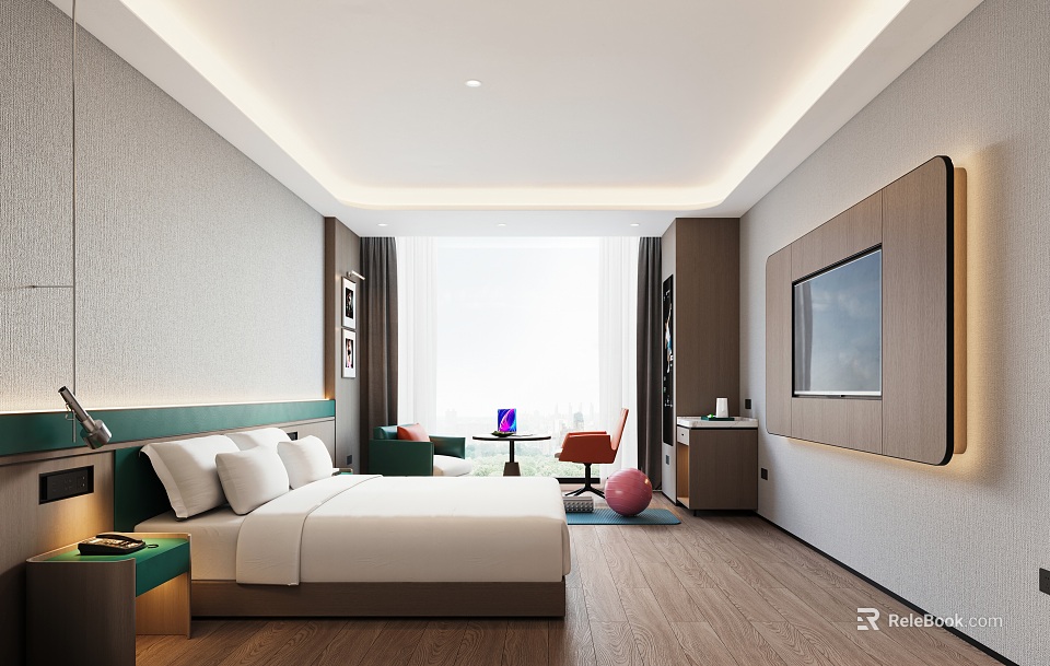 Modern Hotel Room Interior Design With Large Bed Wall TV Window And Wooden Floor 3d model 
