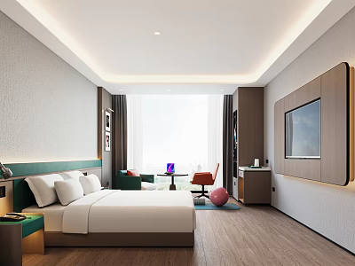 Modern Hotel Room Interior Design With Large Bed Wall TV Window And Wooden Floor 3d model