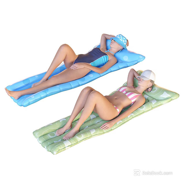 Two women lying on colorful inflatable mats wearing swimsuits and hats 3d model 