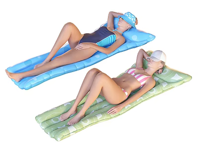 Two women lying on colorful inflatable mats wearing swimsuits and hats 3d model