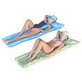 Two women lying on colorful inflatable mats wearing swimsuits and hats
