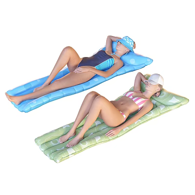 Two women lying on colorful inflatable mats wearing swimsuits and hats 3d model