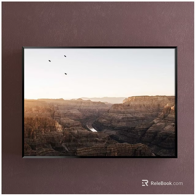 Scenic Canyon Landscape Painting With Sunset Light Layered Mountains Flying Birds And River 3d model 