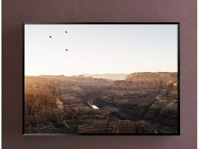 Scenic Canyon Landscape Painting With Sunset Light Layered Mountains Flying Birds And River 3d model