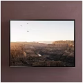 Scenic Canyon Landscape Painting With Sunset Light Layered Mountains Flying Birds And River