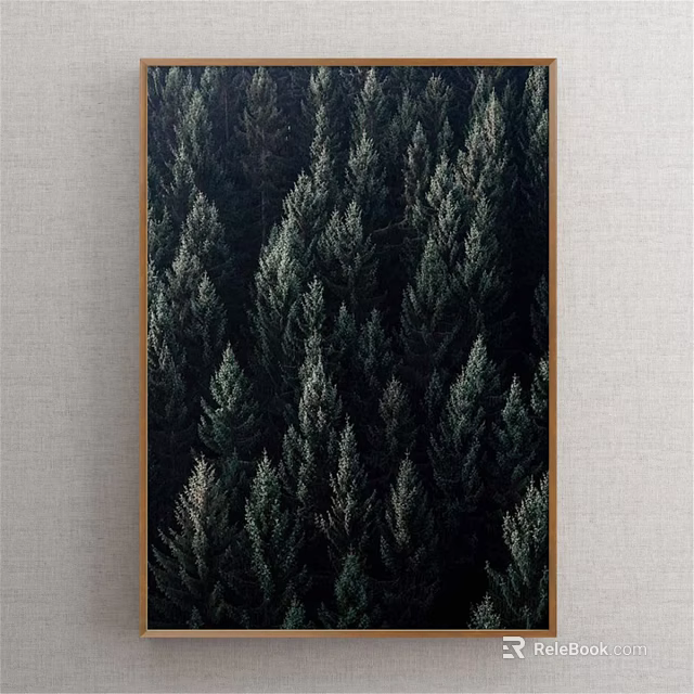 Plant Painting with Dark Green Forest Trees in Wooden Frame Hanging on Light Colored Wall 3d model 