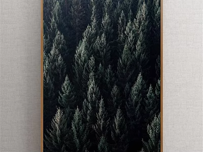 Plant Painting with Dark Green Forest Trees in Wooden Frame Hanging on Light Colored Wall 3d model