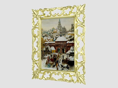 Golden Ornate Frame With Snowy City Painting And People In Winter Scene 3d model