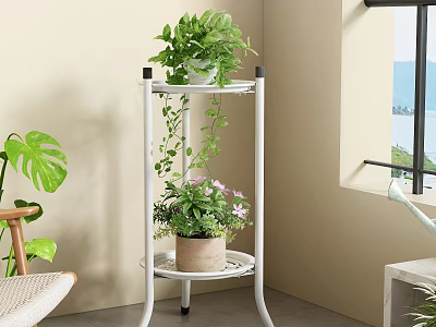 White Multi Tiered Flower Stand With Green Plants And Purple Flowers By Window 3d model