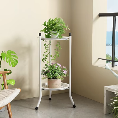White Multi Tiered Flower Stand With Green Plants And Purple Flowers By Window 3d model