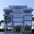 Modern Three Story Detached Villa With Glass Walls Surrounding Trees And Outdoor Parking Area