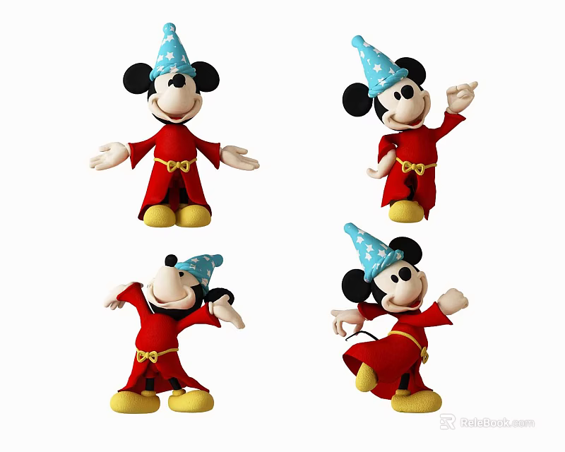 Mickey Mouse Plush Doll In Red Robe With Blue Spotted Wizard Hat And Various Poses 3d model 