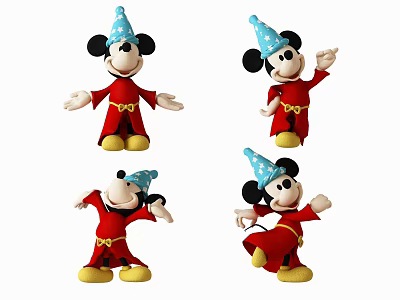 Mickey Mouse Plush Doll In Red Robe With Blue Spotted Wizard Hat And Various Poses 3d model