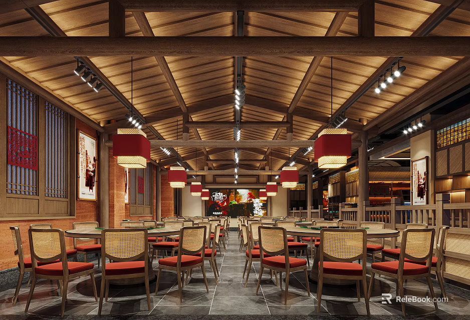 Traditional Chinese Restaurant Interior With Wooden Ceiling Red Lanterns And Dining Tables Chairs 3d model 