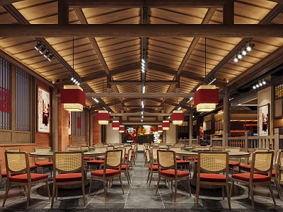 Traditional Chinese Restaurant Interior With Wooden Ceiling Red Lanterns And Dining Tables Chairs 3d model
