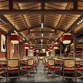 Traditional Chinese Restaurant Interior With Wooden Ceiling Red Lanterns And Dining Tables Chairs