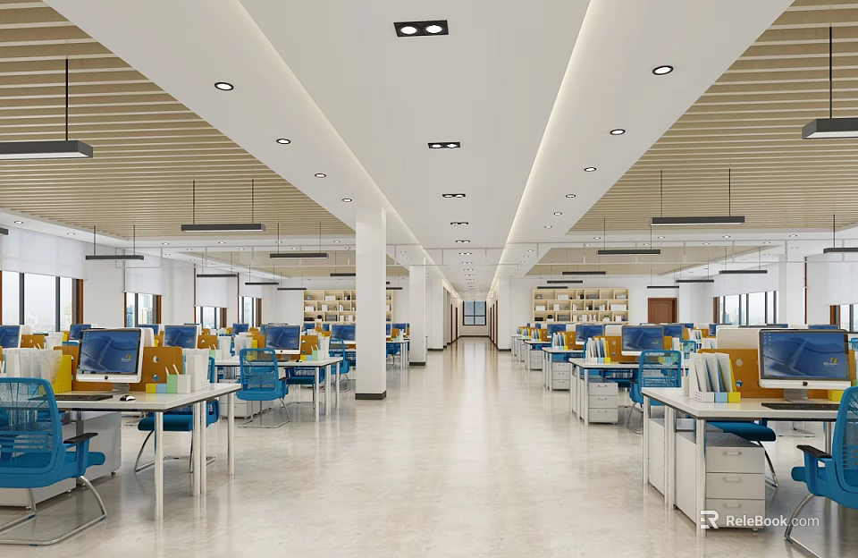 Modern Public Office Space With Open Layout Multiple Workstations Computers And Blue Chairs 3d model