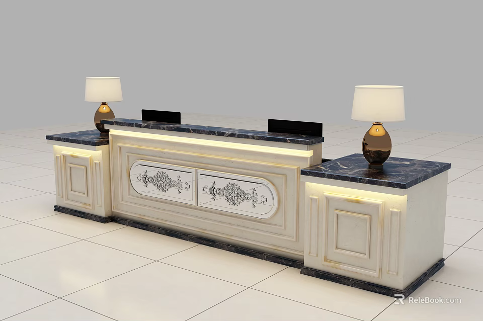 Elegant Modern Reception Desk With Marble Countertop Decorative Patterns And Table Lamps 3d model