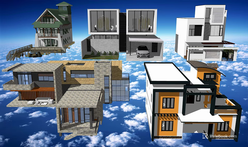 Various Detached Villa Models Featuring Different Architectural Styles Against Blue Sky White Clouds 3d model 
