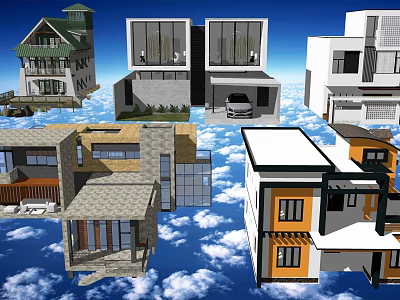 Various Detached Villa Models Featuring Different Architectural Styles Against Blue Sky White Clouds 3d model