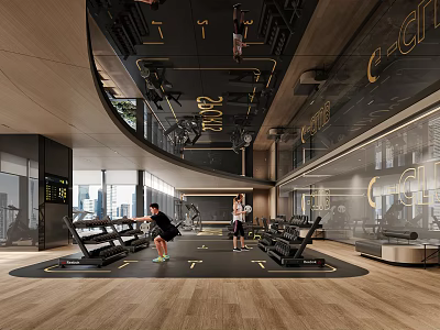 Modern Fitness Gym Interior With Workout Equipment And People Exercising 3d model