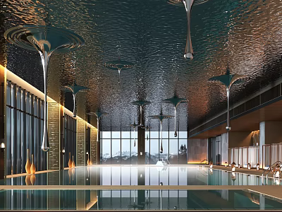 Modern Indoor Swimming Pool With Artistic Ceiling And Large Windows 3d model