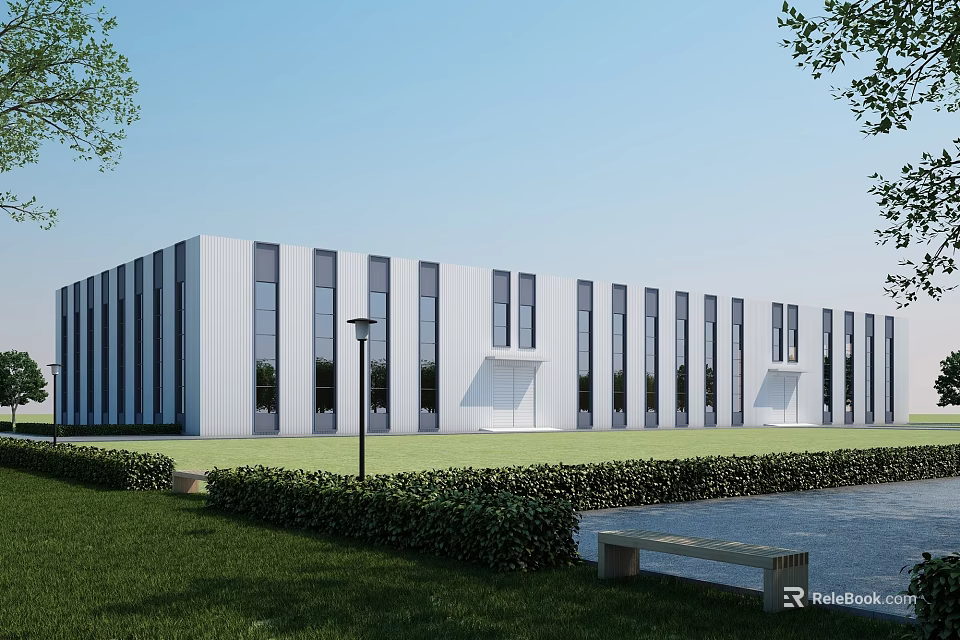 Modern Design Industrial Factory Building With White Exterior Vertical Windows Lawn Shrubs And Bench 3d model 