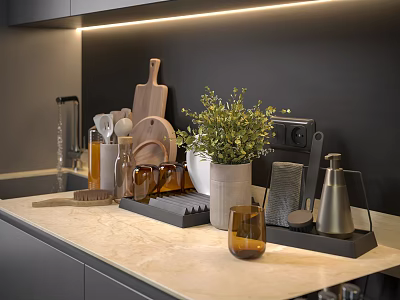 Modern Kitchen Countertop With Various Utensils And Decor 3d model