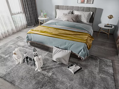 Children's Bed With Gray Headboard Blue Yellow Bedding Nightstand And Toys On Rug 3d model