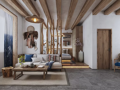 Rustic Living Space With Wooden Beams Sofa And Bed 3d model