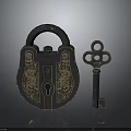 Vintage Decorative Lock and Key with Ornate Brass Engravings for Home Use