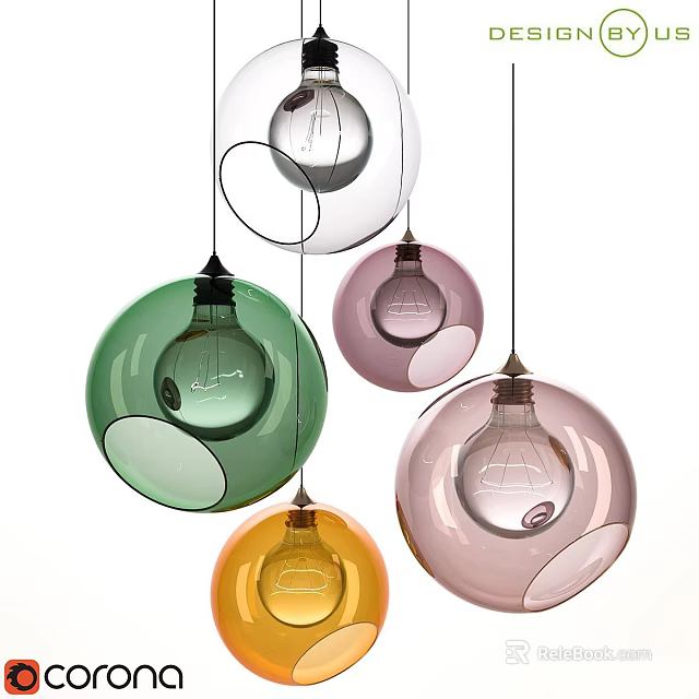Set of Colorful Spherical Pendant Lights With Transparent Glass Shades in Green Pink Orange 3d model 