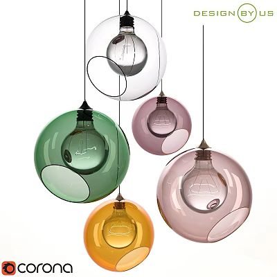 Set of Colorful Spherical Pendant Lights With Transparent Glass Shades in Green Pink Orange 3d model