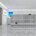 Modern Retail Store Interior Featuring White Walls Display Racks Reception Counter Marble Floor And Bench
