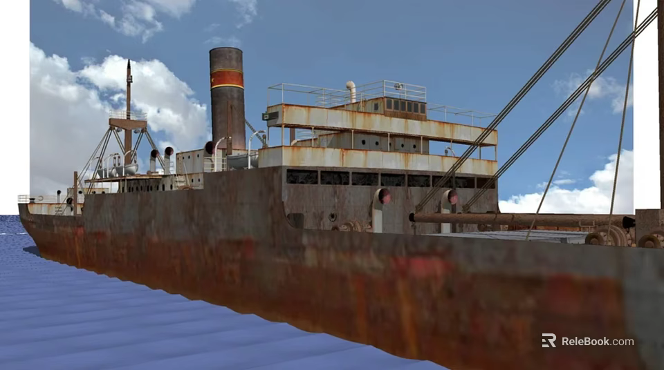 Rusted Old Ship Exterior With Weathered Deck And Tall Chimney Structure 3d model