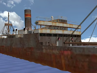 Rusted Old Ship Exterior With Weathered Deck And Tall Chimney Structure 3d model