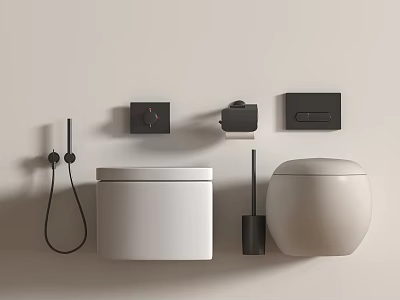Modern Wall Mounted White Toilet with Black Control Panel Toilet Brush and Toilet Paper Holder 3d model