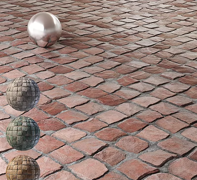 Vintage Red And Brown Patterned Floor Tiles Laid In Interlocking Design With Metallic Spheres 3d model