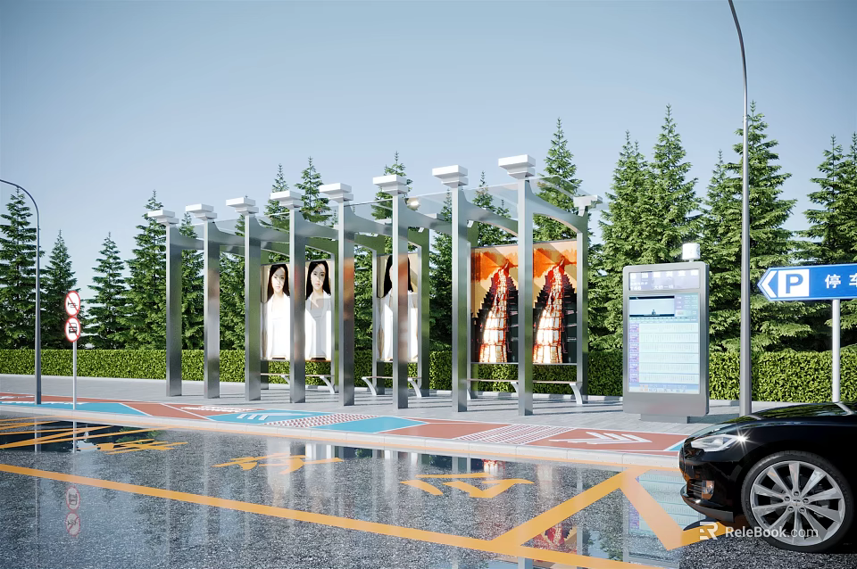Modern Station Exterior Featuring Illuminated Lamp Posts Large Billboards And Green Trees 3d model 