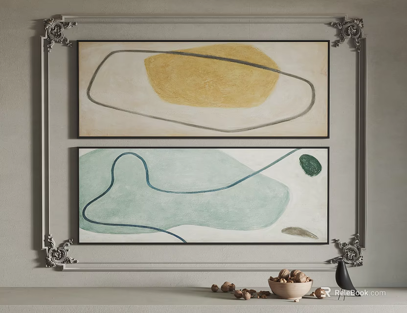 Modern Abstract Wall Decor With Two Framed Paintings And Decorative Items 3d model