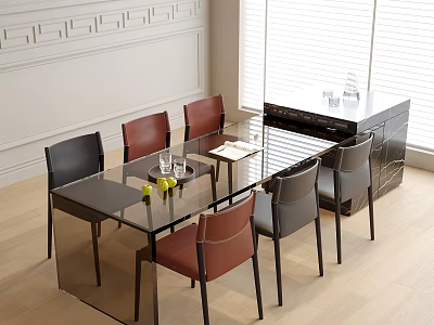 Modern Dining Table With Glass Top And Black Red Gray Chairs In Bright Dining Room 3d model