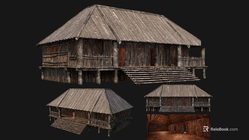 Traditional Wooden Ancient Building With Stilted Veranda Steps Roof And Interior Details 3d model 