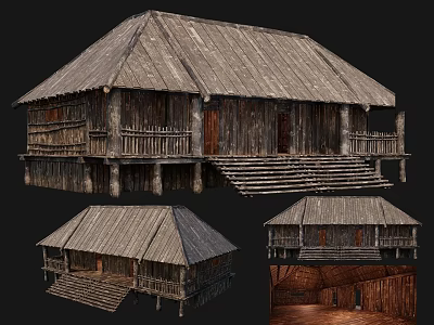 Traditional Wooden Ancient Building With Stilted Veranda Steps Roof And Interior Details 3d model