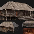 Traditional Wooden Ancient Building With Stilted Veranda Steps Roof And Interior Details 3d model